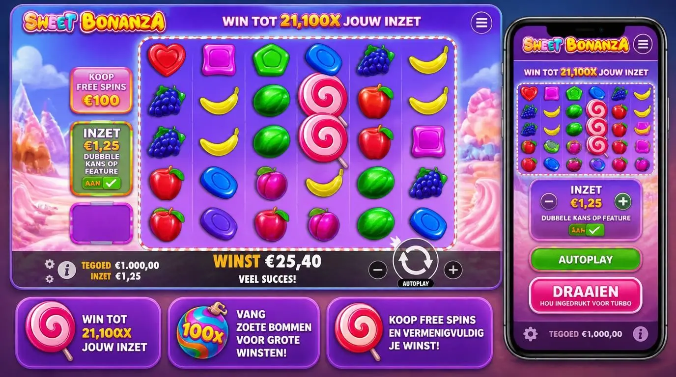 spelinterface met snoepfruit, heldere winmomenten en knoppen